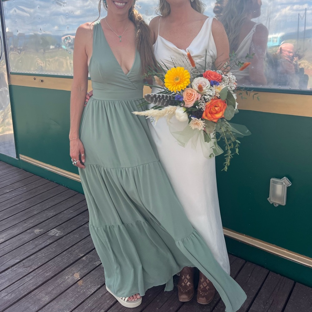 Lulu’s Charming Success Sage Brush Tiered Lace-Up Backless Maxi Dress